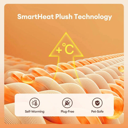 Close up of the ribbed plush lining inside the cave bed, marked self warming, plug free and pet safe.