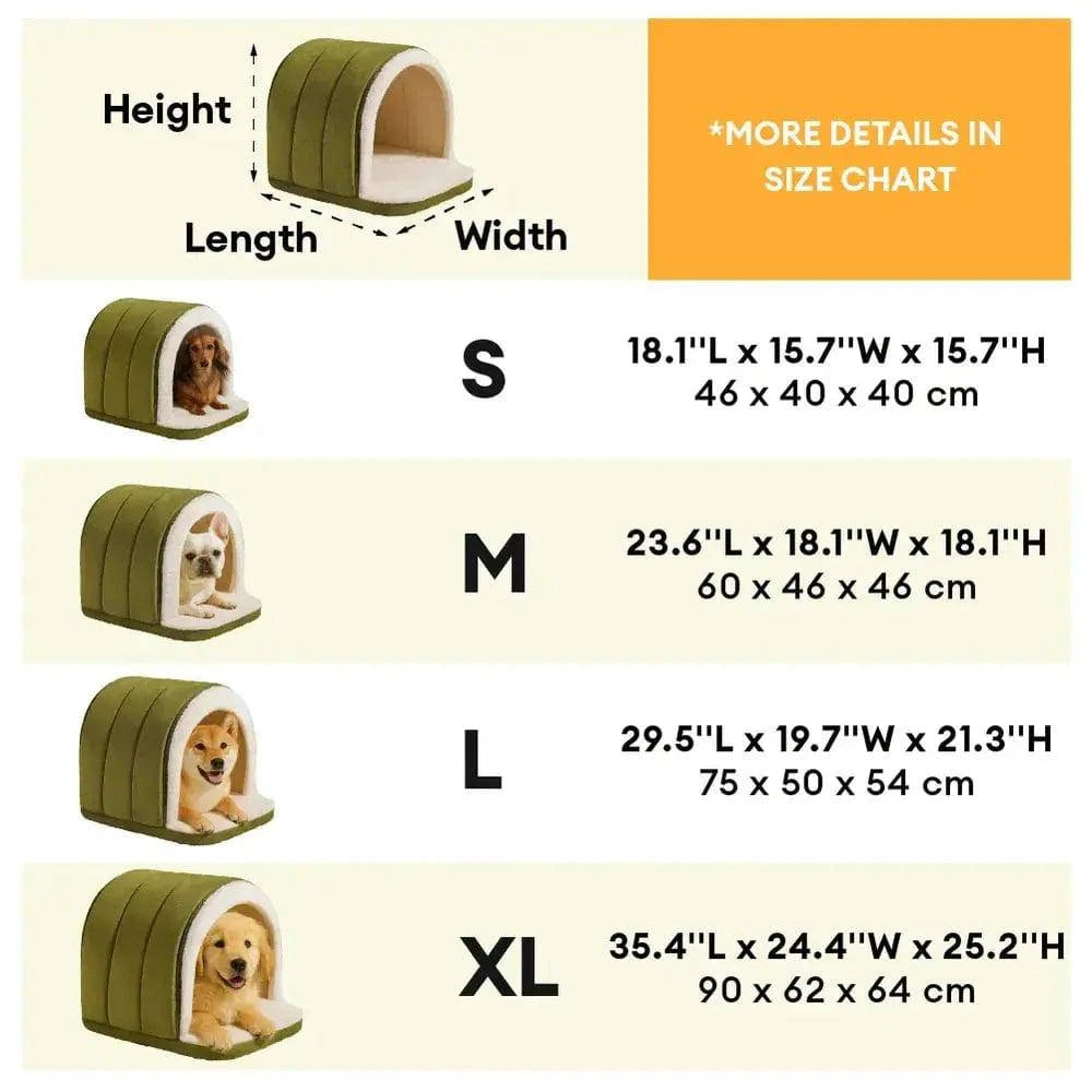 Size chart for the enclosed cave bed giving length, width and height for sizes S through XL in inches and centimeters.