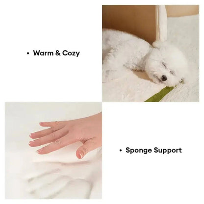 A hand pressing into the sponge base of the cave bed beside a small dog asleep inside it.
