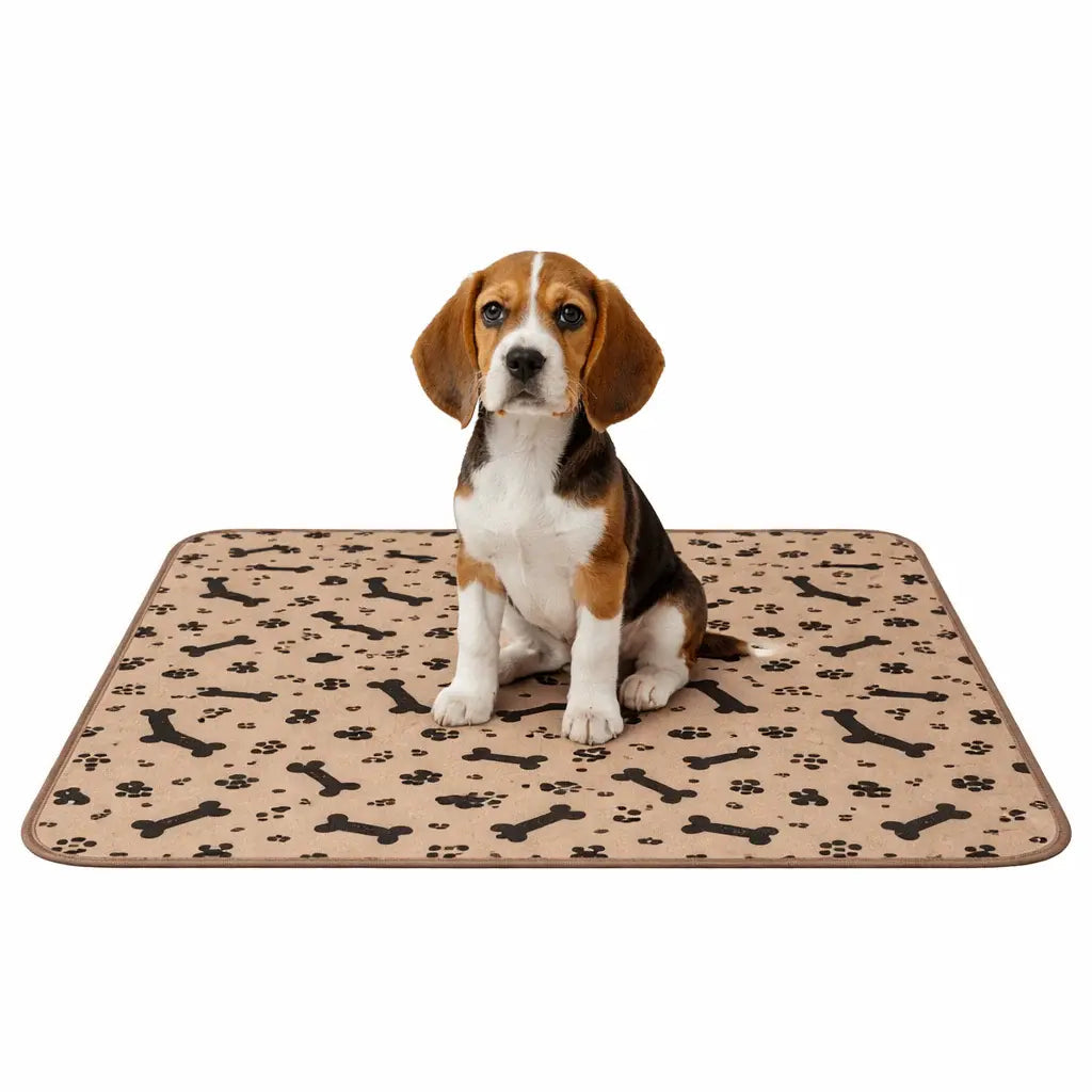Beagle puppy sitting on the beige bone and paw print washable pee pad.