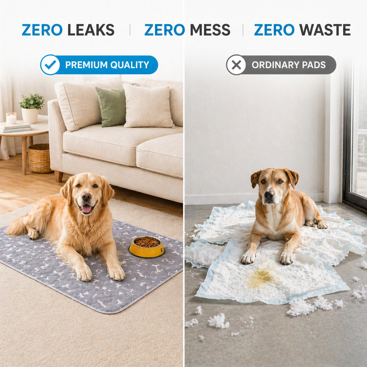 Golden retriever on the gray washable pee pad beside a torn disposable pad, captioned zero leaks, zero mess, zero waste.