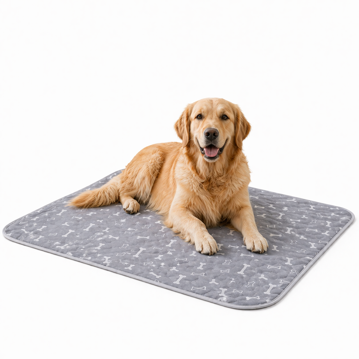 Golden retriever lying on the gray washable pee pad for dogs with bone and paw print.