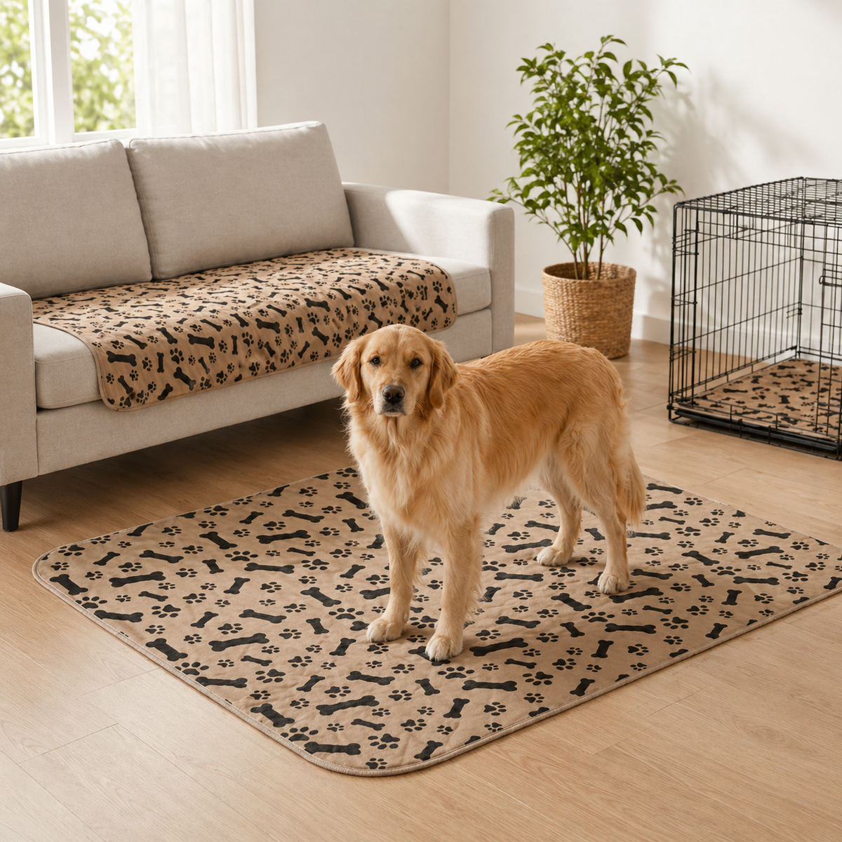 Golden retriever standing on a beige washable pee pad in a living room, with pads on the sofa and in a crate.