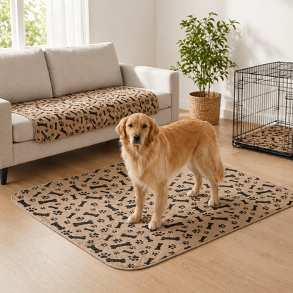 Golden retriever standing on a beige washable pee pad in a living room, with pads on the sofa and in a crate.