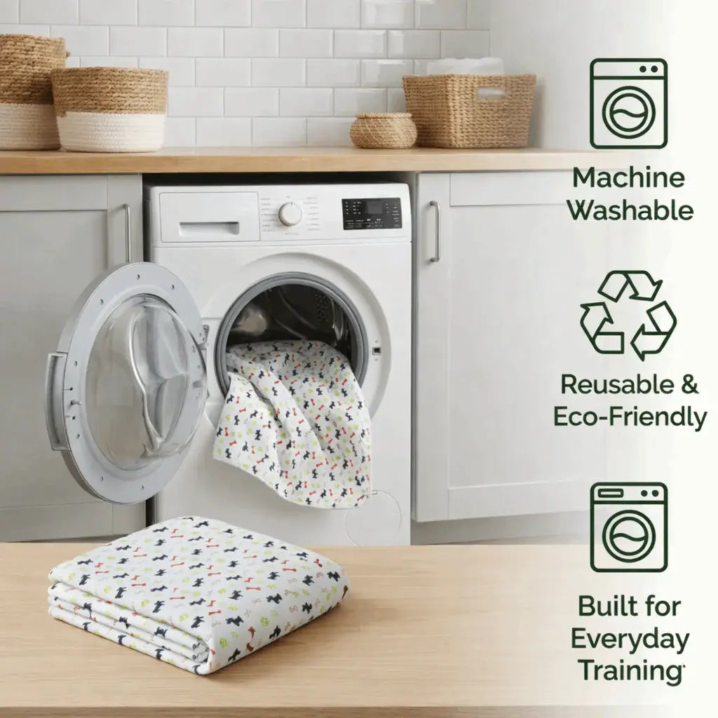 Washable pee pad for dogs in a washing machine, captioned machine washable, reusable and built for everyday training.
