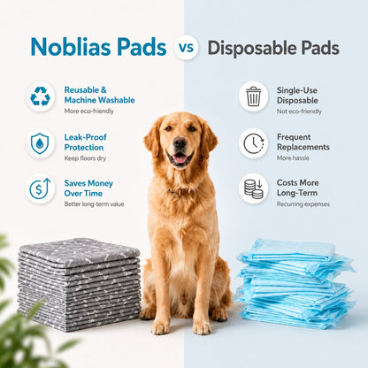 Noblias washable pee pads compared with disposable pads: reusable and machine washable, leak-proof, saves money over time.