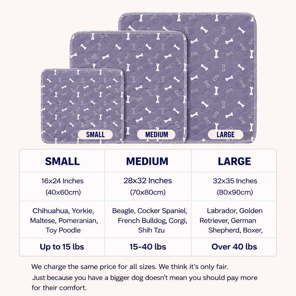 Size guide for the washable pee pad: small 16 by 24 inches, medium 28 by 32 inches, large 32 by 35 inches with weight ranges.