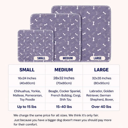 Size guide for the washable pee pad: small 16 by 24 inches, medium 28 by 32 inches, large 32 by 35 inches with weight ranges.