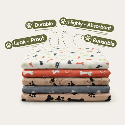 Stack of washable pee pads in four patterns with durable, highly absorbent, leak-proof and reusable callouts.