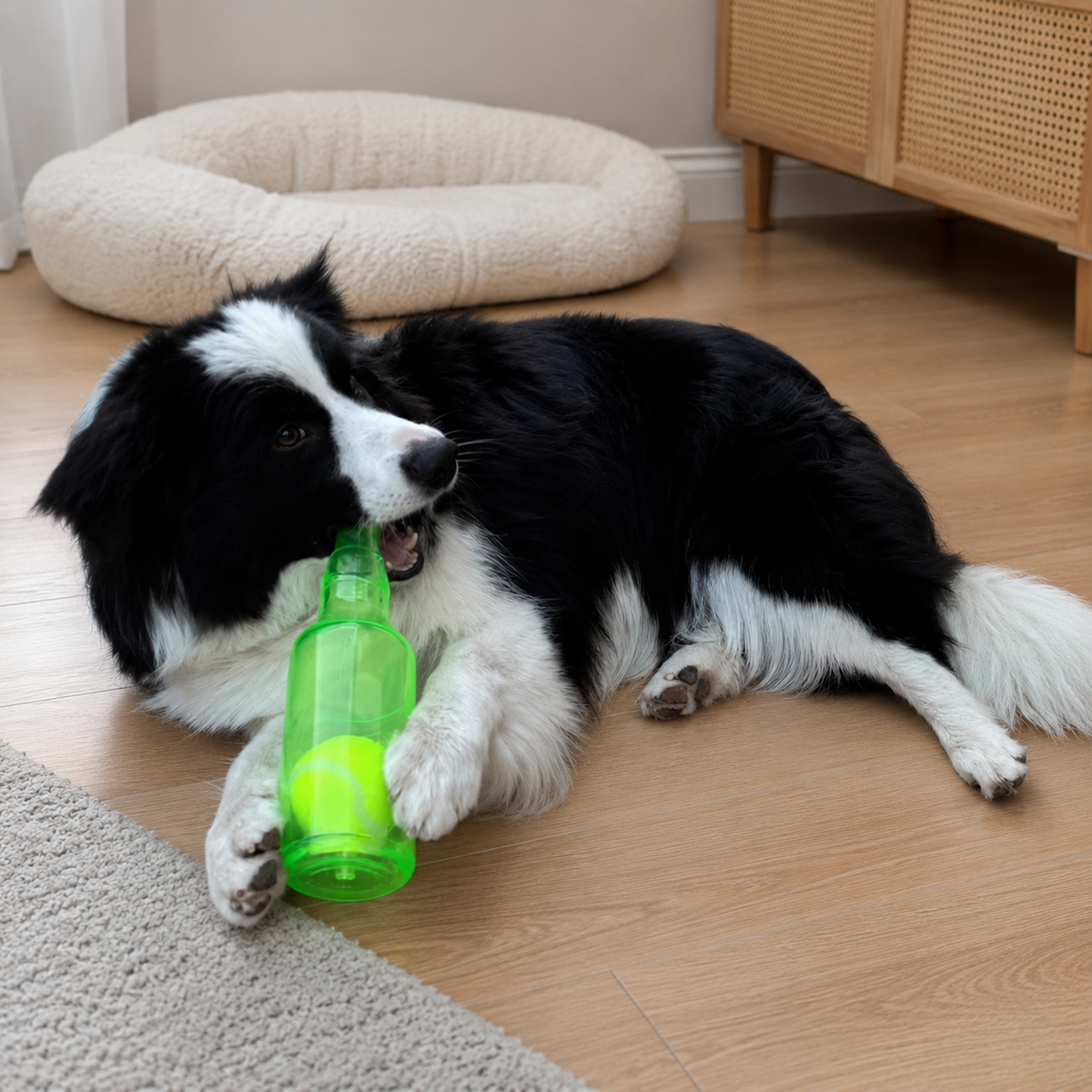 Border collie lying on a rug chewing the green water bottle dog chew toy.