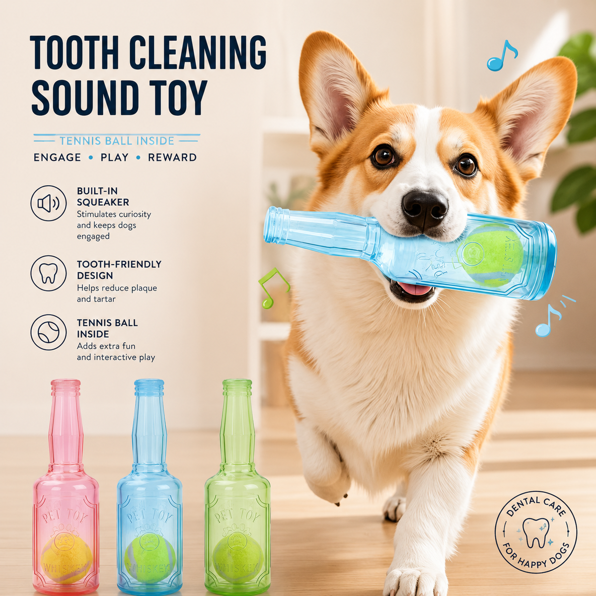 Corgi running with the blue water bottle dog chew toy, with the built in squeaker and the sealed tennis ball called out.