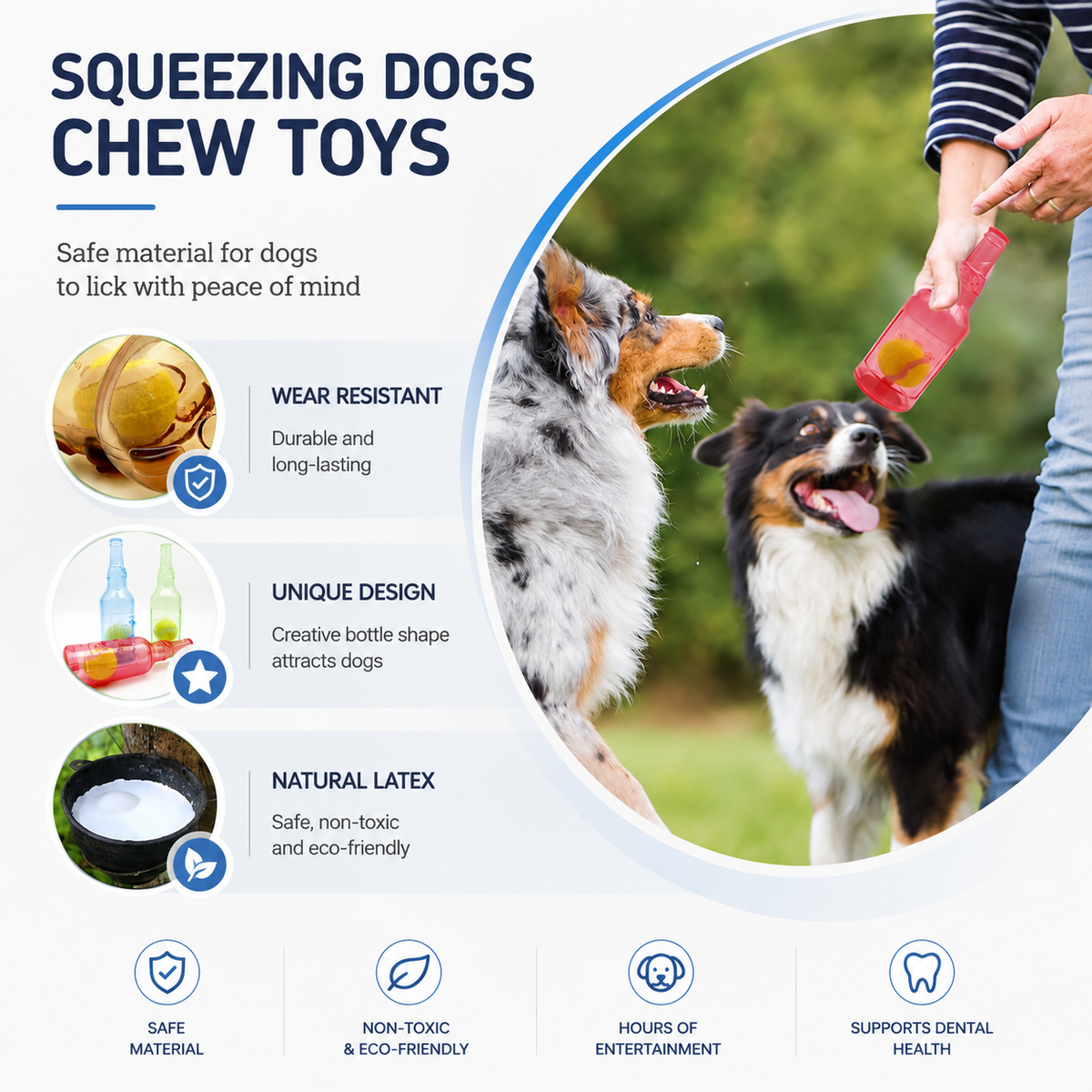 Feature panel for the water bottle dog chew toy: wear resistant body, bottle shape and natural latex that is non toxic and eco friendly.