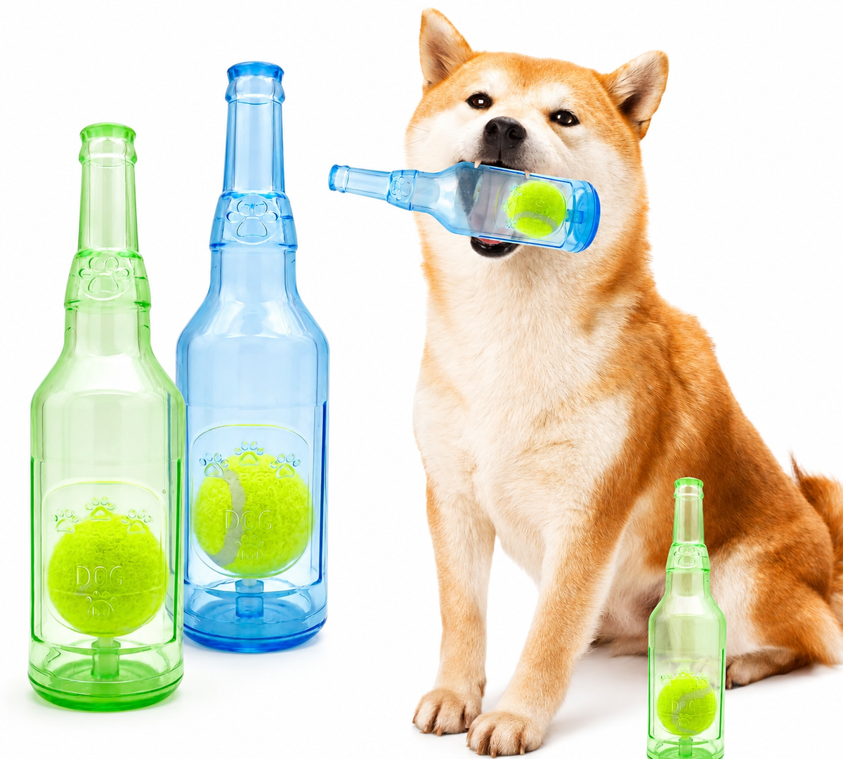 Shiba inu holding the blue water bottle dog chew toy with the green one standing beside it.