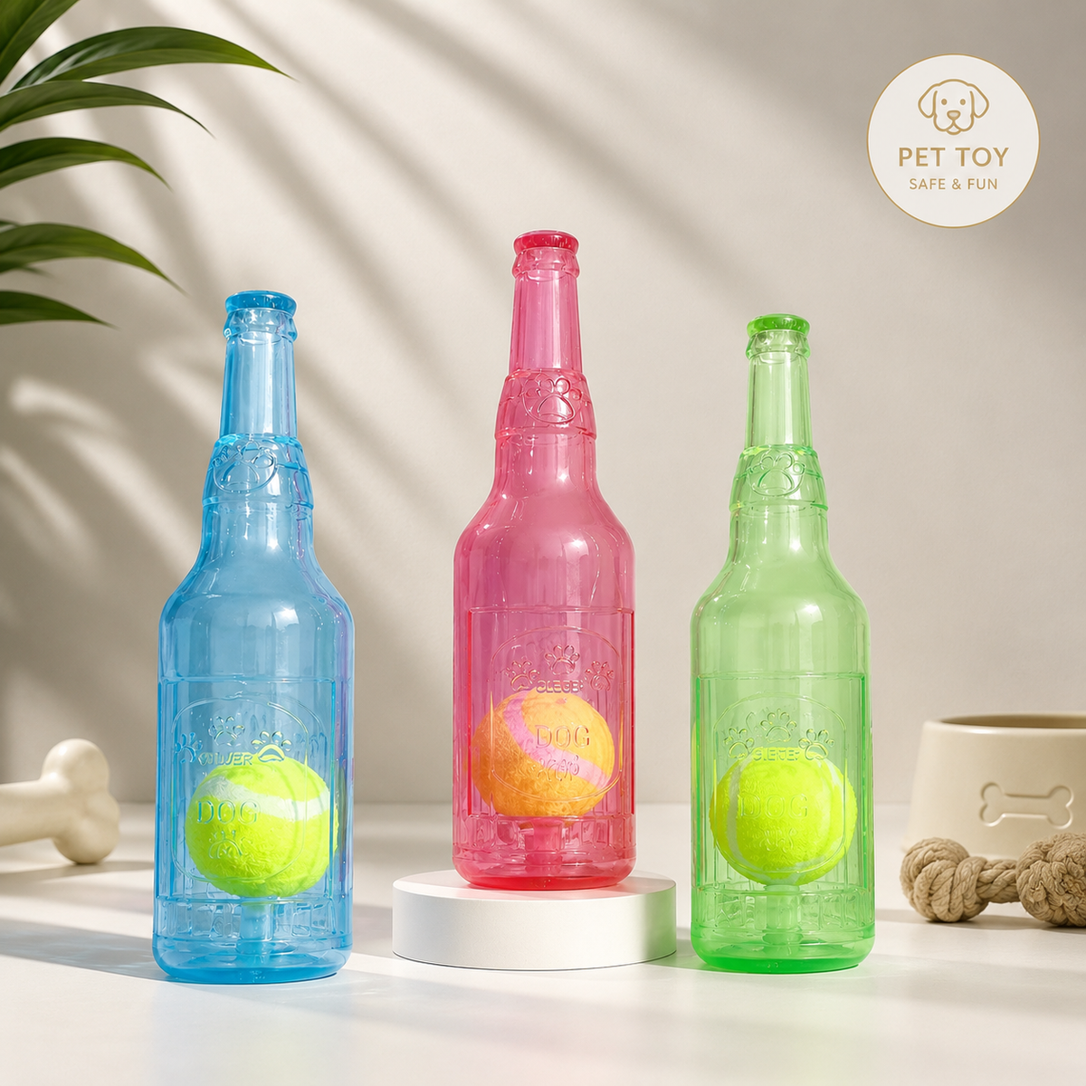 The blue, pink and green water bottle dog chew toys standing together, each with a tennis ball sealed inside.