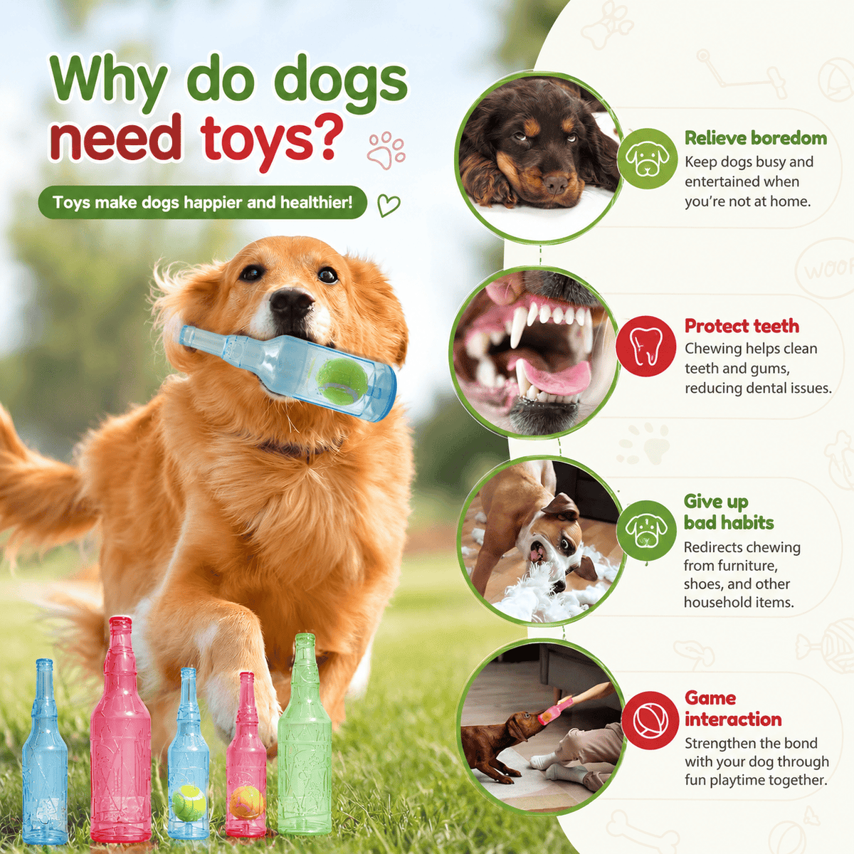 Panel on why dogs need toys, showing the bottle chew toy alongside boredom, chewing habits and play together.