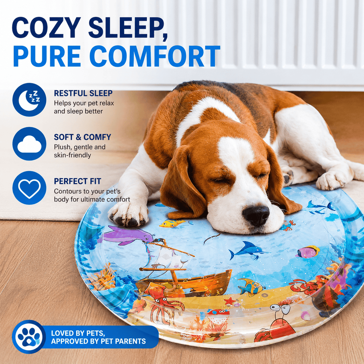 Beagle asleep on the water sensory play mat, captioned soft and comfy and contours to your pet.