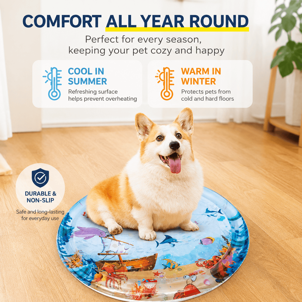Corgi sitting on the water sensory play mat, captioned cool in summer, warm in winter and durable and non slip.