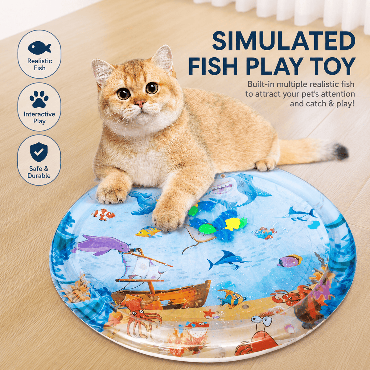 British shorthair lying on the water sensory play mat, captioned realistic fish built in for interactive play.