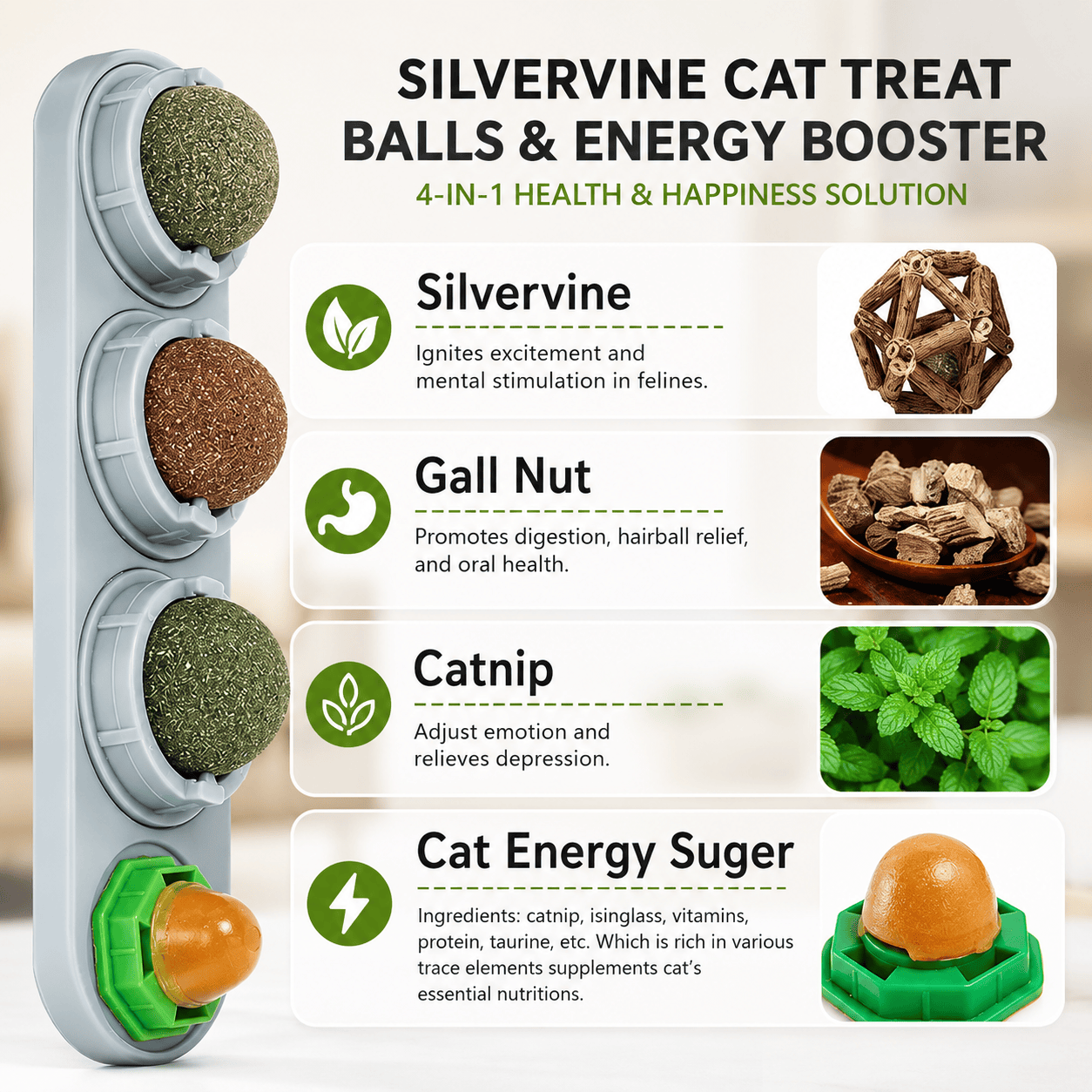 Four Noblias catnip and silvervine toy balls for cats, small round toys with colorful patterns and soft fabric surfaces.