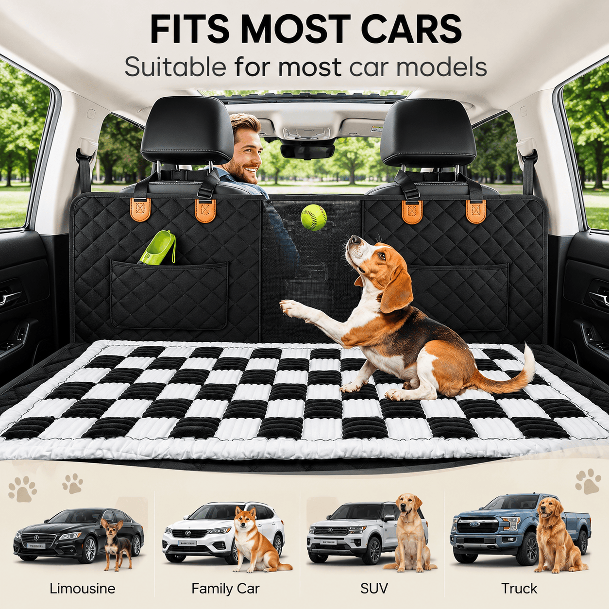 White Noblias Deluxe Back Seat Dog Bed Mat shown on car seat, providing comfortable and protective resting area for pets.