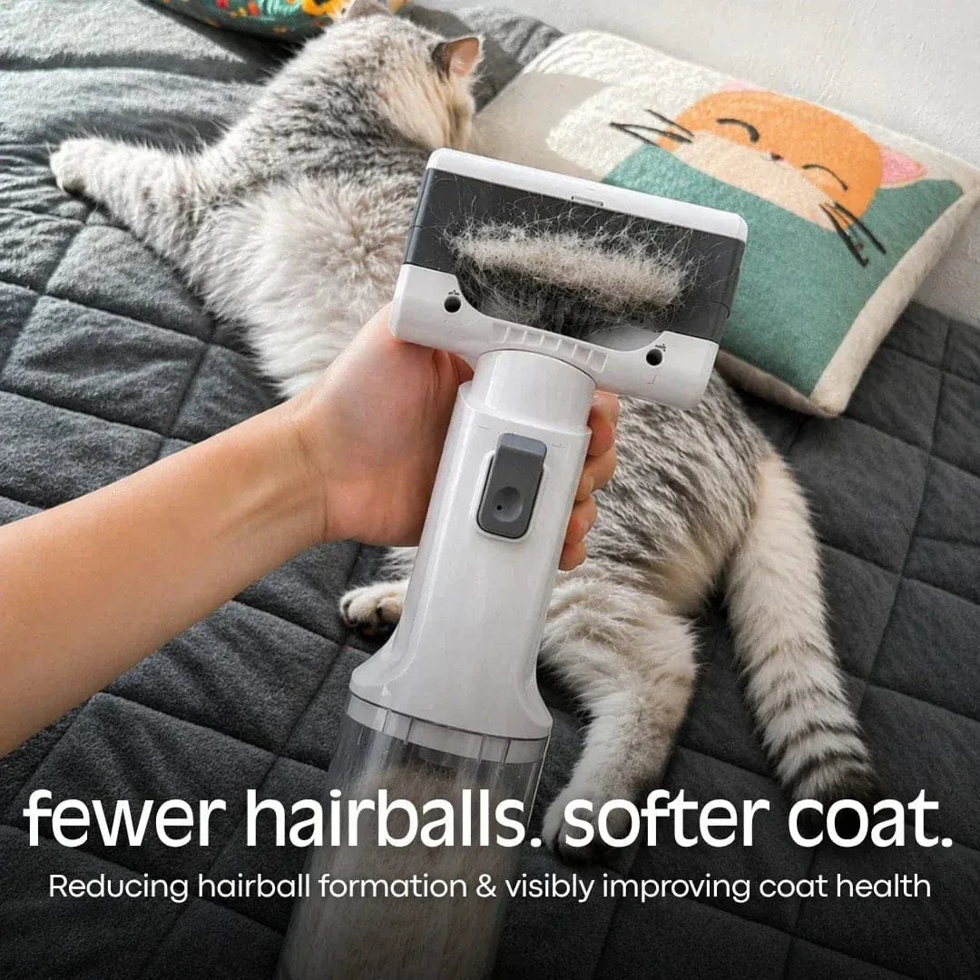 Noblias Pet Grooming Vacuum Brush, white 2-in-1 fur remover for dogs and cats, with ergonomic handle and fur collection chamber.