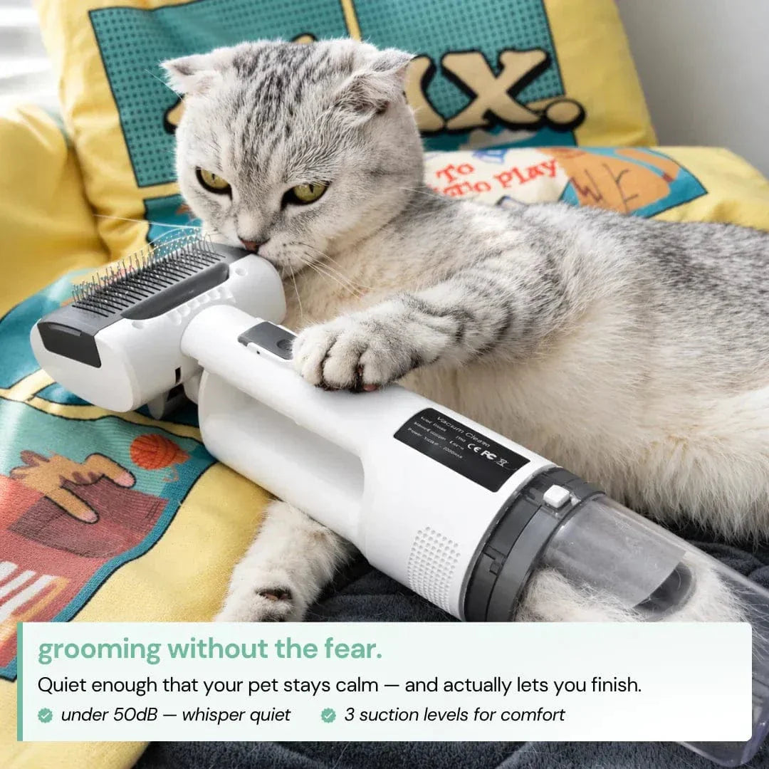 Noblias Pet Grooming Vacuum Brush in white, 2-in-1 fur remover for dogs and cats, designed for easy pet hair cleaning.