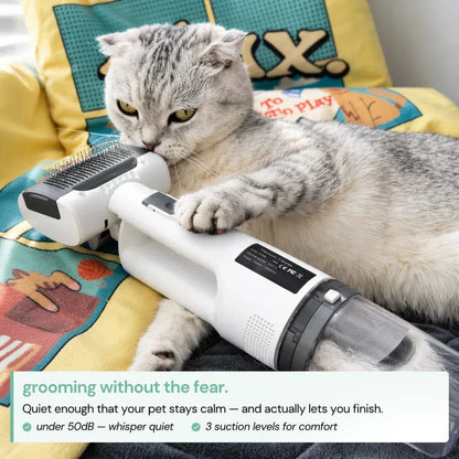 Noblias Pet Grooming Vacuum Brush in white, 2-in-1 fur remover for dogs and cats, designed for easy pet hair cleaning.