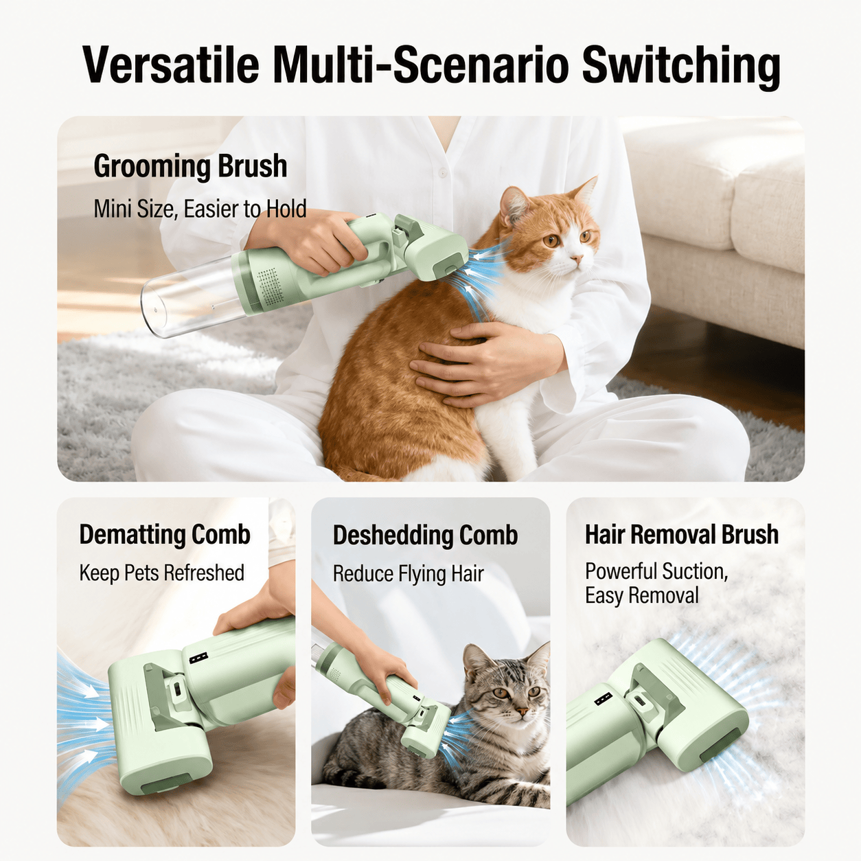 Noblias Pet Grooming Vacuum Brush in white, a 2-in-1 fur remover for dogs and cats with a sleek design.