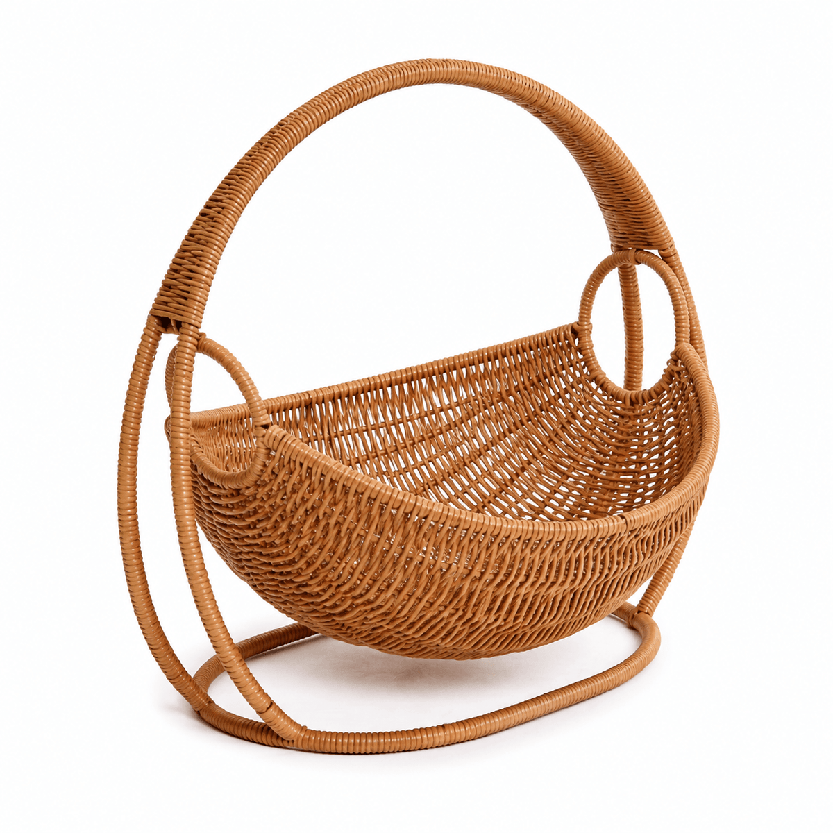 Wicker cat bed on a white background showing the circular rattan arch, the deep woven basket fixed inside it and the oval base ring it stands on