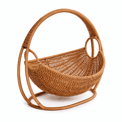 Wicker cat bed on a white background showing the circular rattan arch, the deep woven basket fixed inside it and the oval base ring it stands on