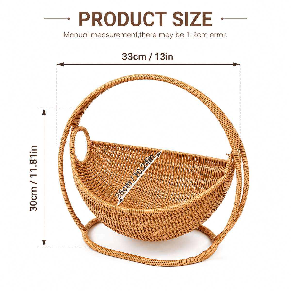 Product size chart for the wicker cat bed showing 33 cm 13 in across, 30 cm 11.81 in tall and a basket interior of 26 cm 10.24 in, with a note that manual measurement may vary by 1 to 2 cm