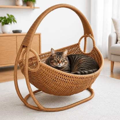 Tabby cat curled up asleep in the rattan cat bed basket beside an oak sideboard and a potted plant