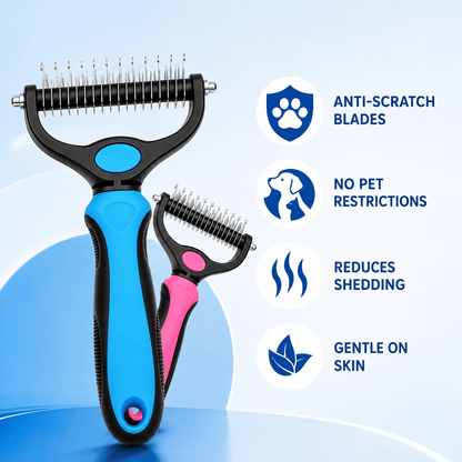 Close view of the anti-scratch blades on the Noblias dematting comb, with the blue and pink versions shown together.