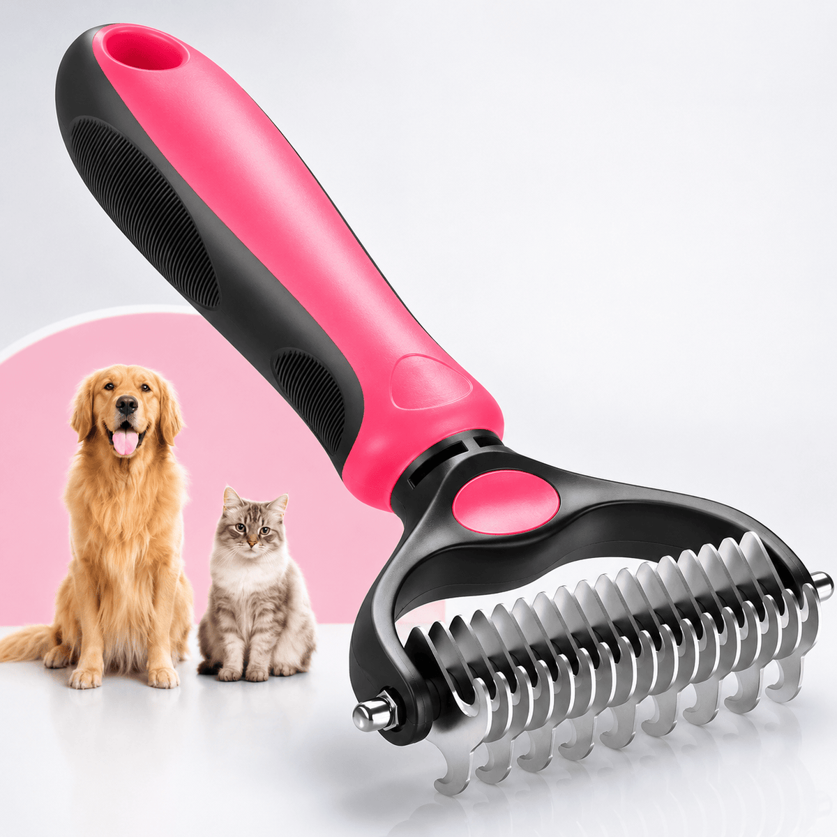The Noblias extra-wide dematting comb in both colors, one pink handle and one blue, standing above two dogs and a cat.