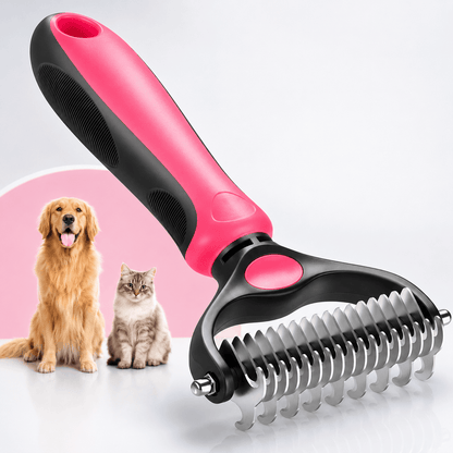 The Noblias extra-wide dematting comb in both colors, one pink handle and one blue, standing above two dogs and a cat.
