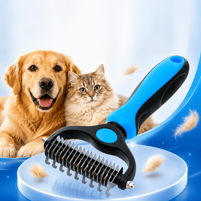 The blue Noblias extra-wide dematting comb shown beside a golden retriever and a tabby cat with loose fur floating around it.