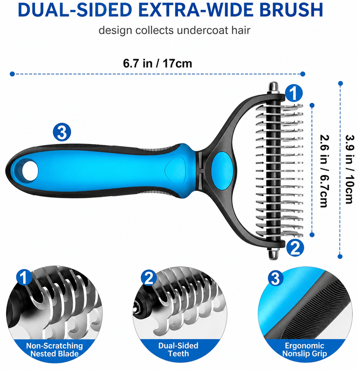 Dimension diagram for the Noblias dematting comb giving a 6.7 inch wide head, 3.9 inches tall and 2.6 inches deep.