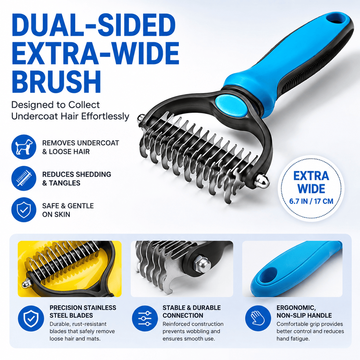The Noblias dematting comb held at an angle to show the full width of its extra-wide double-sided head.