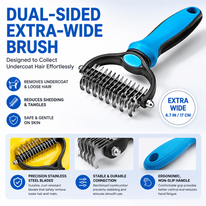 The Noblias dematting comb held at an angle to show the full width of its extra-wide double-sided head.