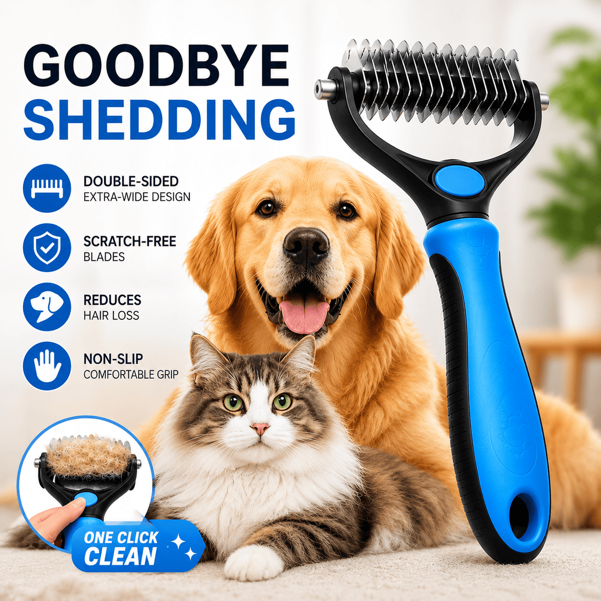Feature panel for the Noblias extra-wide dematting comb listing its double-sided head, scratch-free blades, non-slip grip and one-click clean button.