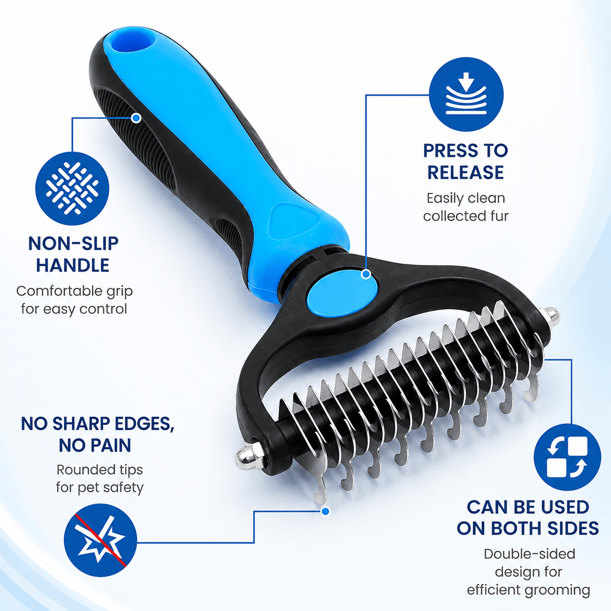 The press-to-release button on the handle of the Noblias dematting comb, shown with its non-slip grip and rounded tooth tips.