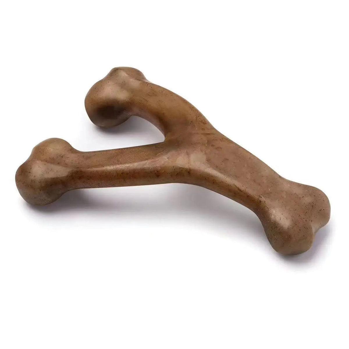 Brown wishbone dog chew toy on a white background.