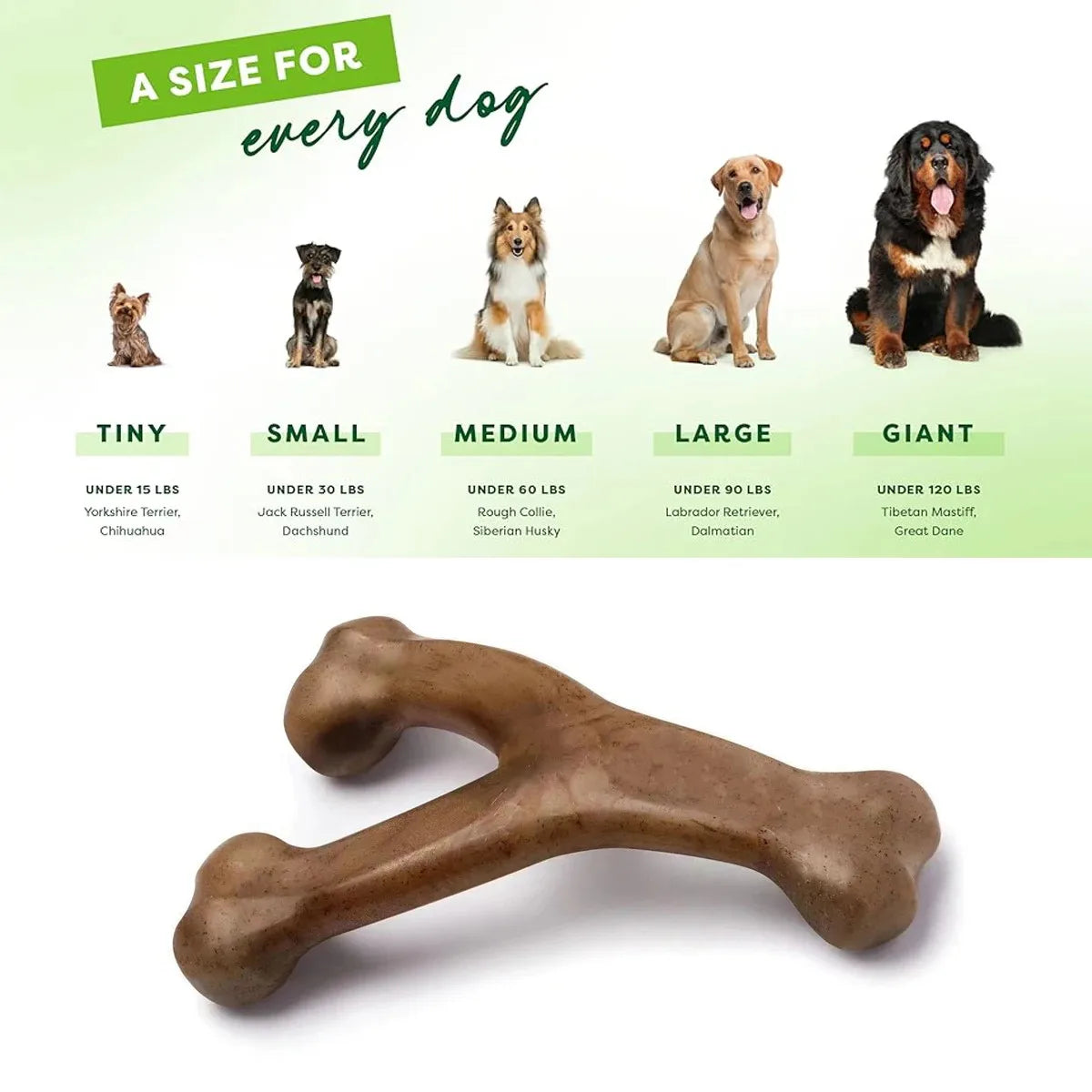 Size chart for the wishbone dog chew toy from tiny to giant dogs beside the brown chew.