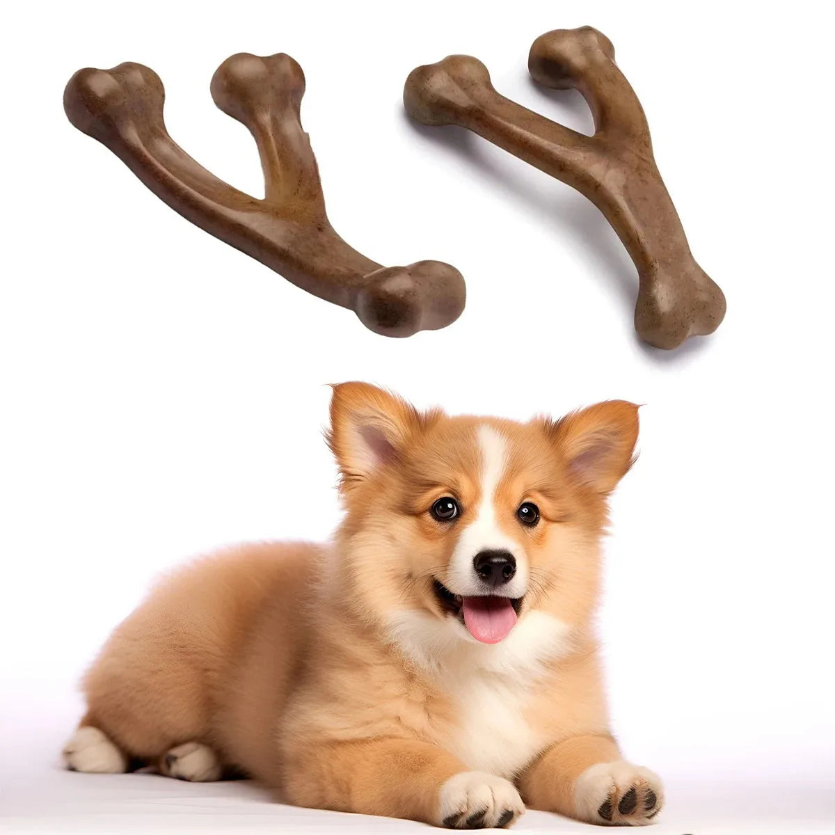 Two brown wishbone dog chew toys above a corgi puppy.