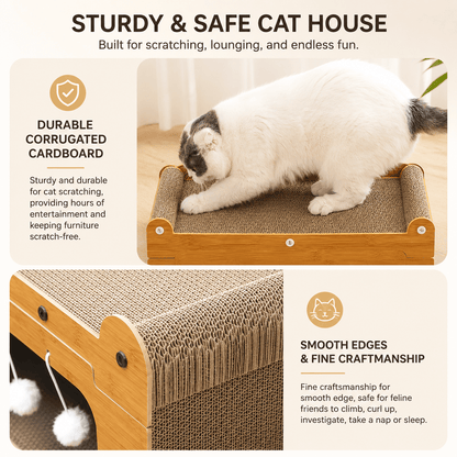 Details of the wooden cat scratcher house: durable corrugated cardboard for scratching and smooth finished edges.