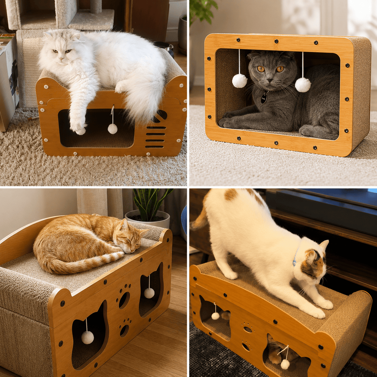 Four photos of cats lounging on and inside the three styles of wooden cat scratcher house.