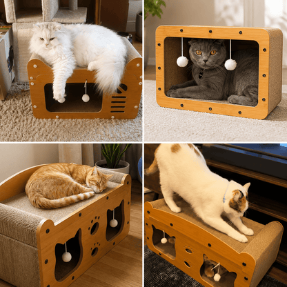 Four photos of cats lounging on and inside the three styles of wooden cat scratcher house.