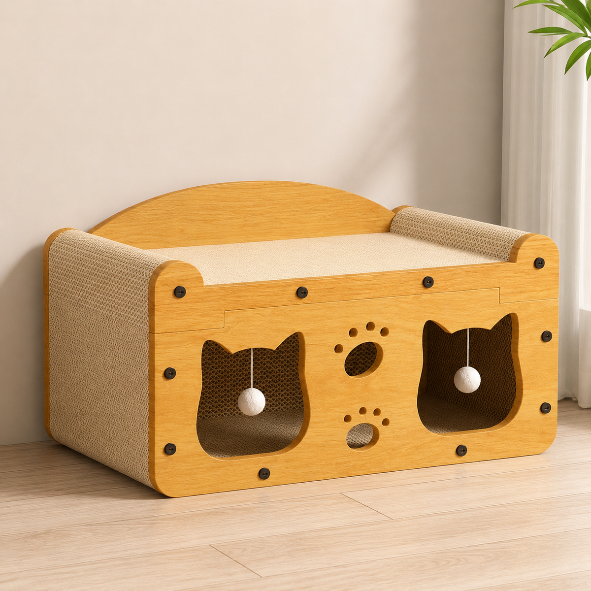 The double cat ear style of the wooden cat scratcher house with its two hanging fur balls.