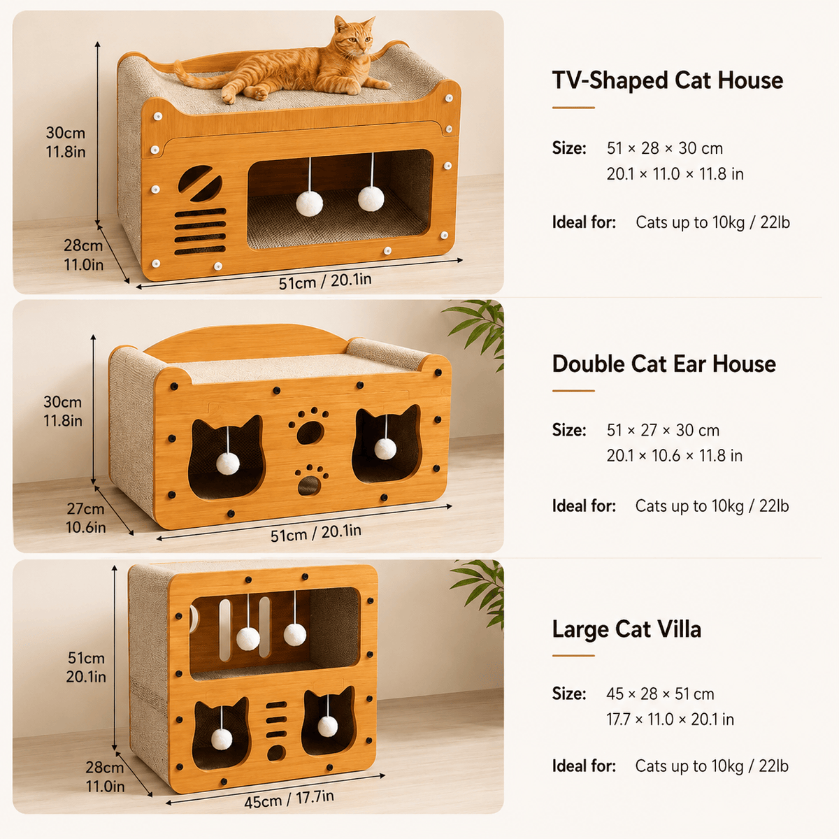 Size chart for the three styles of wooden cat scratcher house with dimensions in centimeters and inches.
