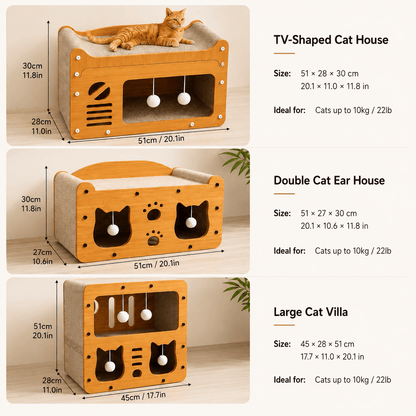 Size chart for the three styles of wooden cat scratcher house with dimensions in centimeters and inches.